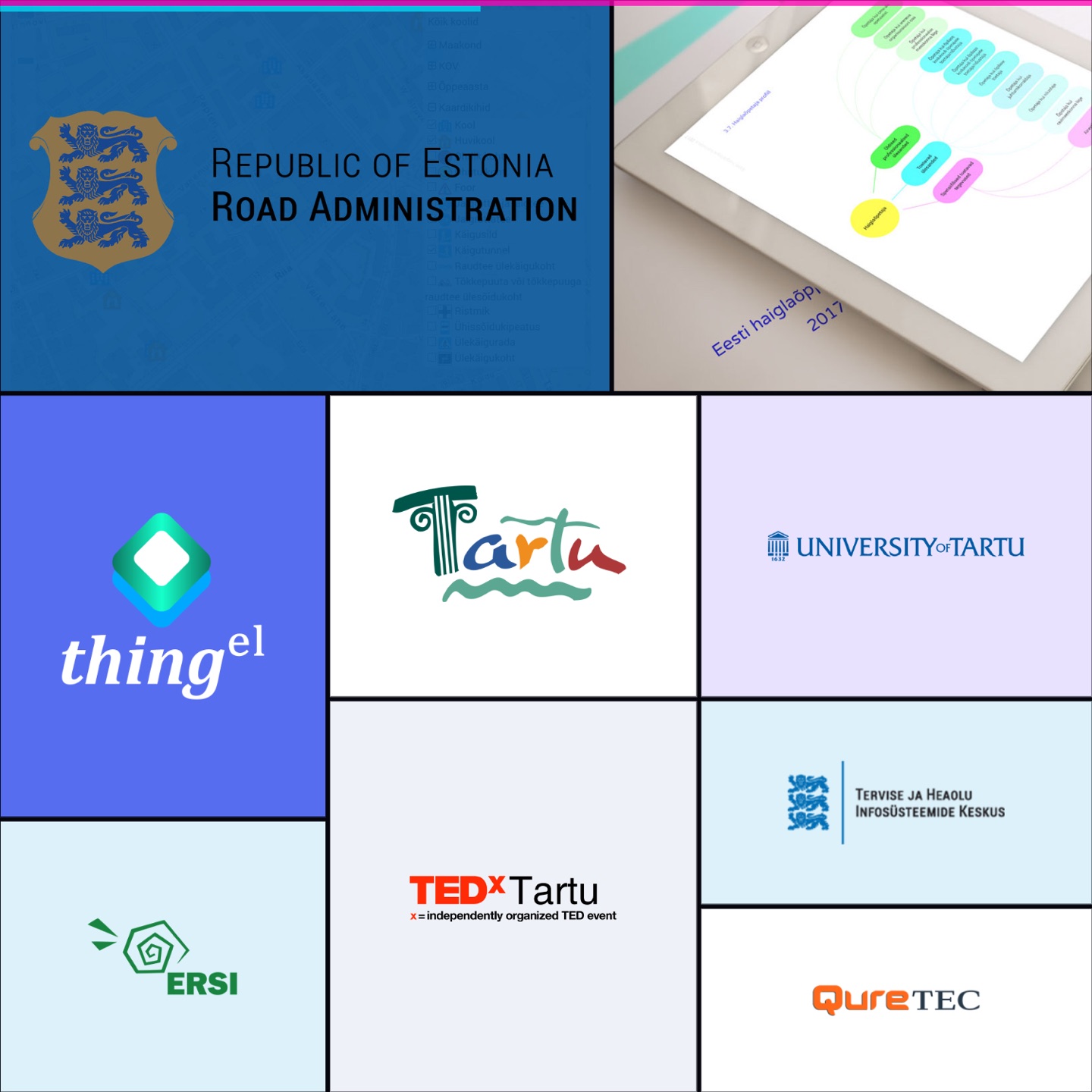 A grid of client and public-sector work — Road Administration, a hospital care-pathway diagram, thingel, City of Tartu, University of Tartu, ERSI, TEDxTartu, TEHIK and Quretec